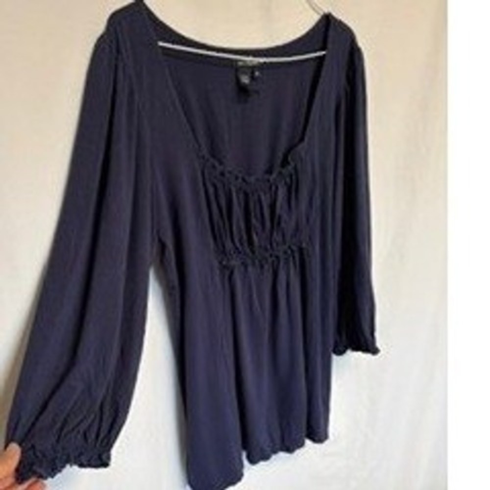 Max Edition Navy Blue Smocked Square Neck Balloon Sleeve Top XL